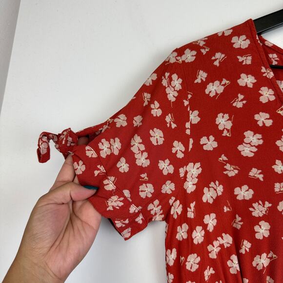 Madewell Button Front Mini Floral Dress Red Happy Hibiscus - 2 - Picture 3 of 11